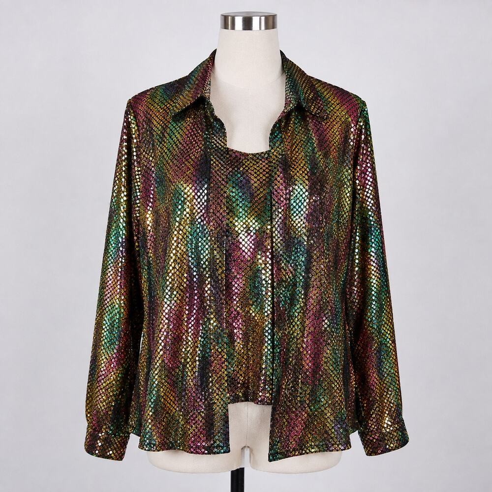 Vintage Yves St Clair 8P Metallic 2 Piece Tank Blouse Set Rainbow Disco Glam